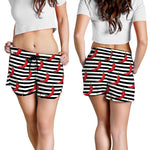 Black And White Striped Chili Print Women's Shorts