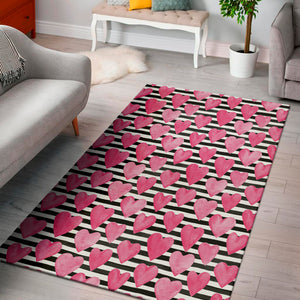 Black And White Striped Heart Print Area Rug