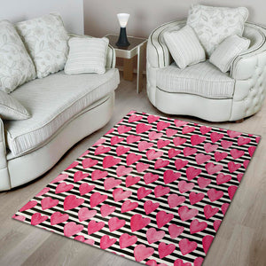 Black And White Striped Heart Print Area Rug