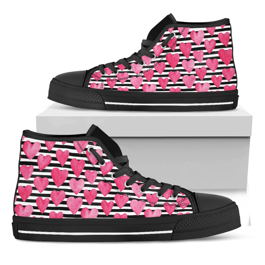 Black And White Striped Heart Print Black High Top Shoes