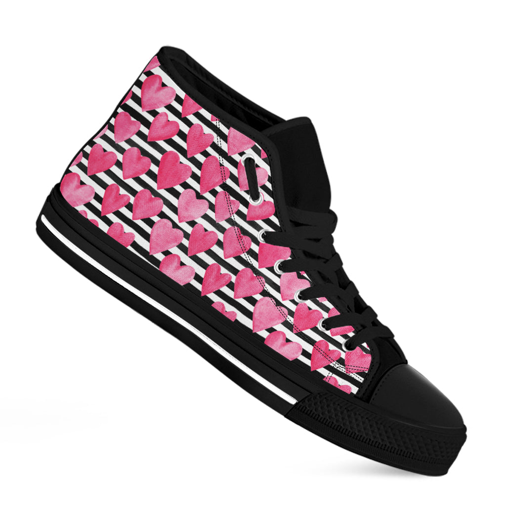 Black And White Striped Heart Print Black High Top Shoes