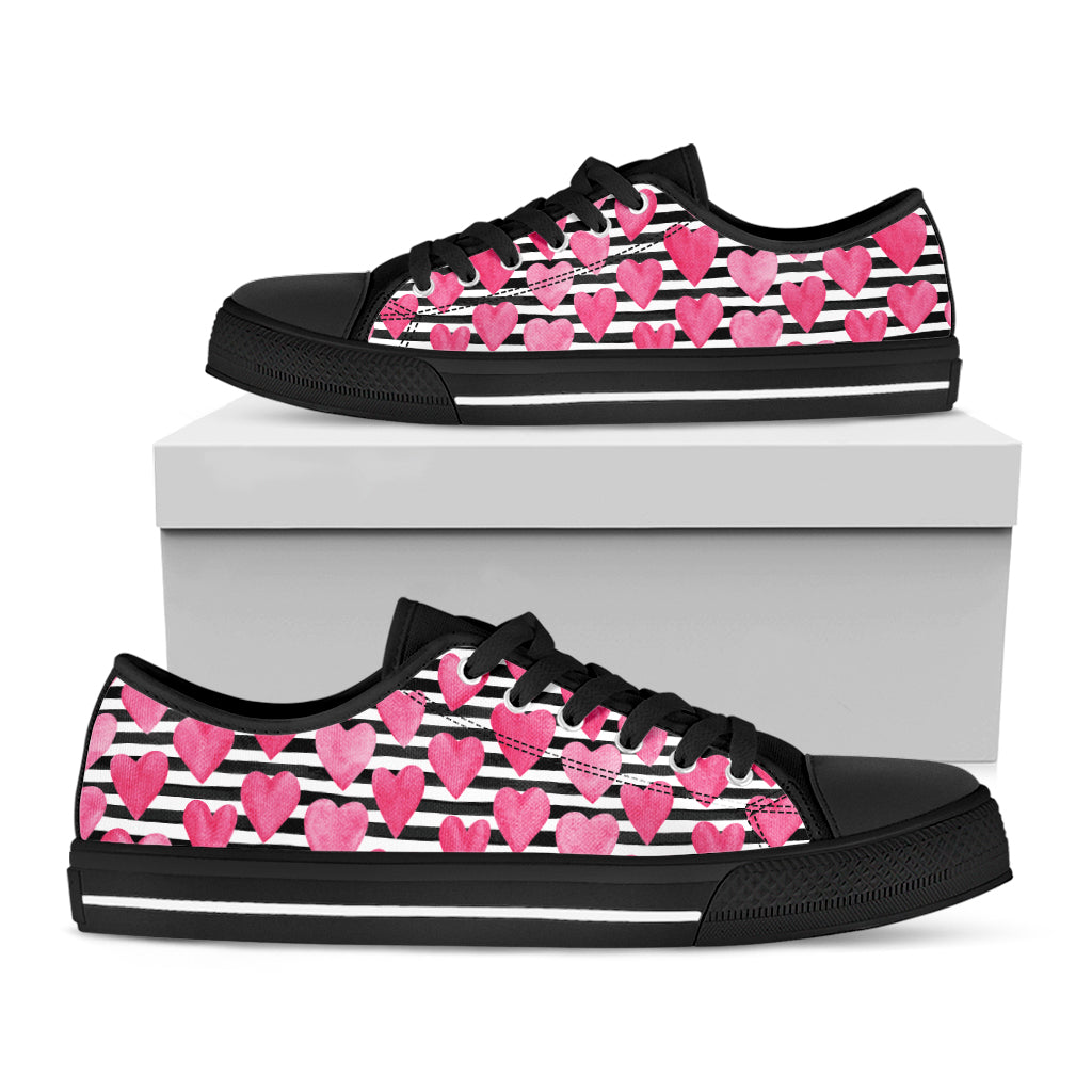 Black And White Striped Heart Print Black Low Top Shoes