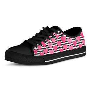 Black And White Striped Heart Print Black Low Top Shoes