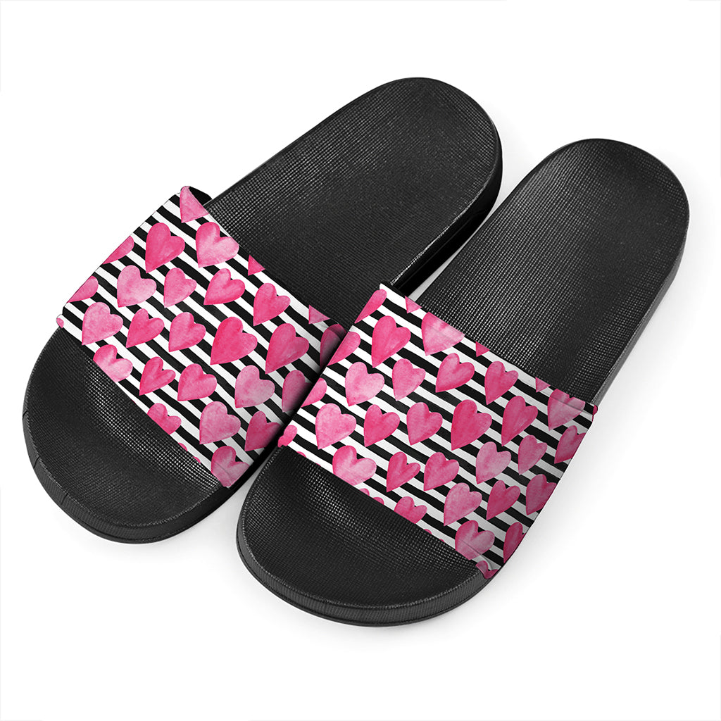 Black And White Striped Heart Print Black Slide Sandals