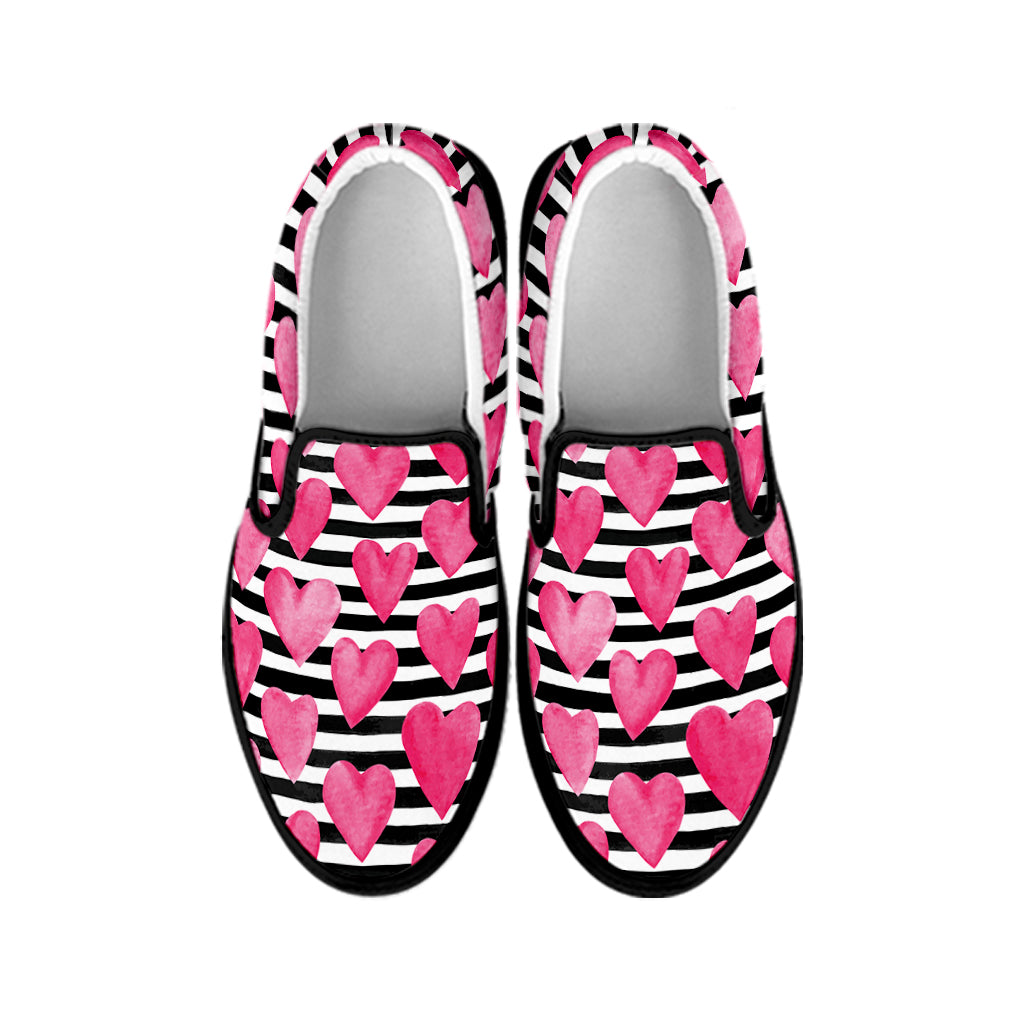 Black And White Striped Heart Print Black Slip On Shoes