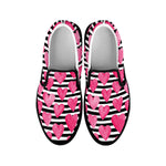 Black And White Striped Heart Print Black Slip On Shoes