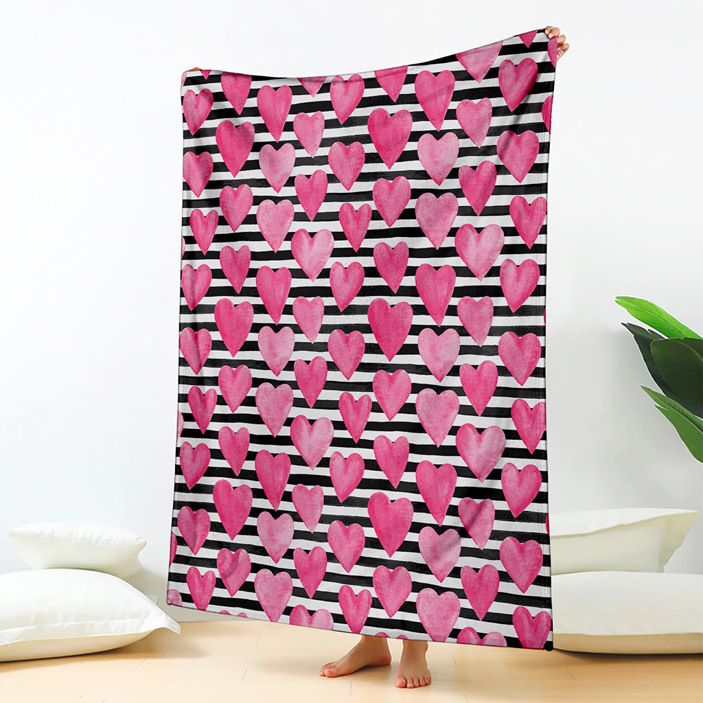 Black And White Striped Heart Print Blanket