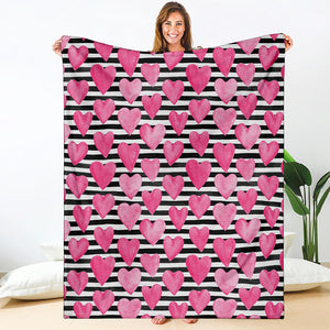 Black And White Striped Heart Print Blanket