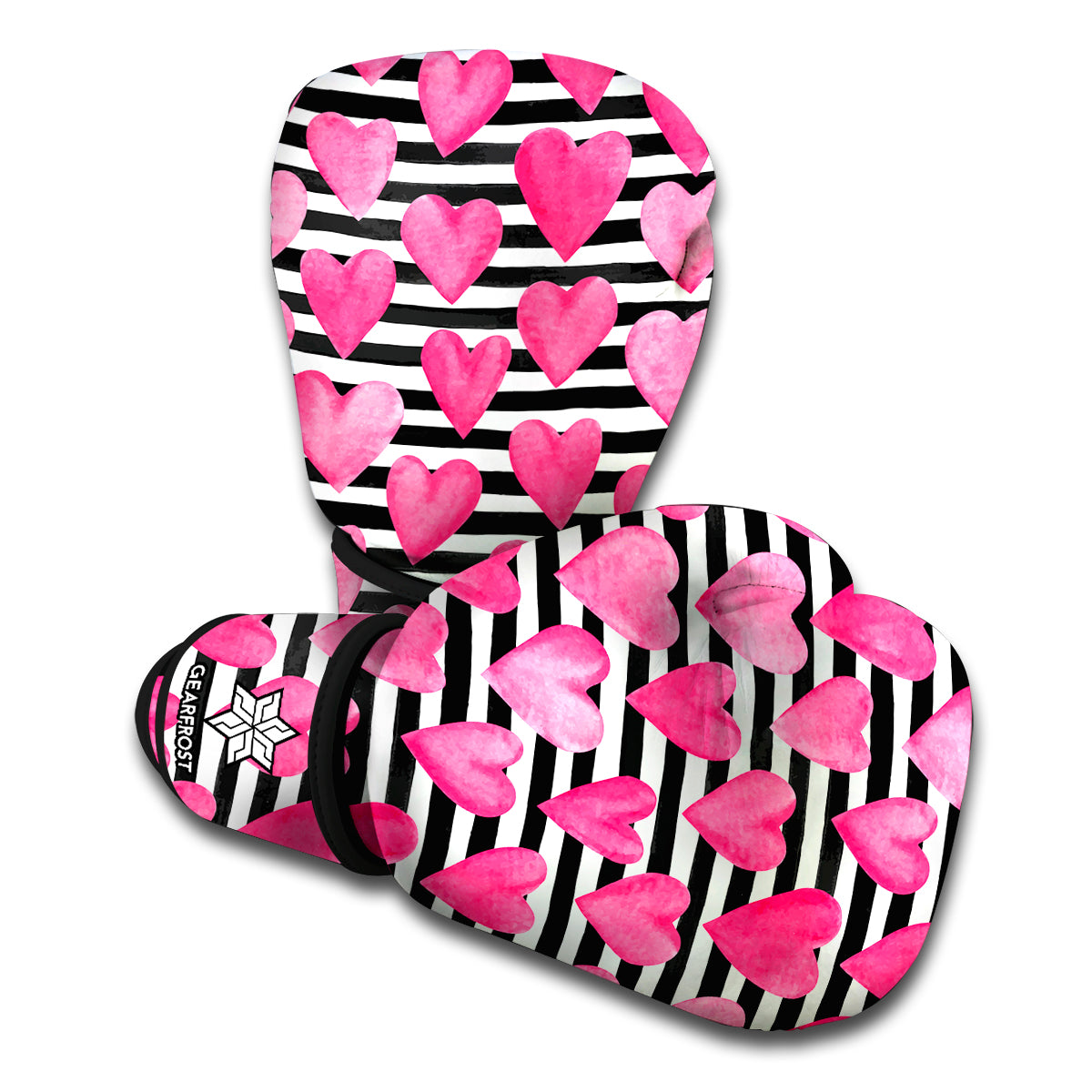 Black And White Striped Heart Print Boxing Gloves