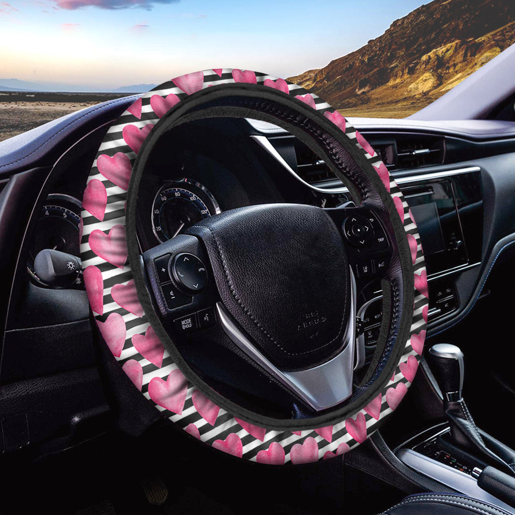 Black And White Striped Heart Print Car Steering Wheel Cover