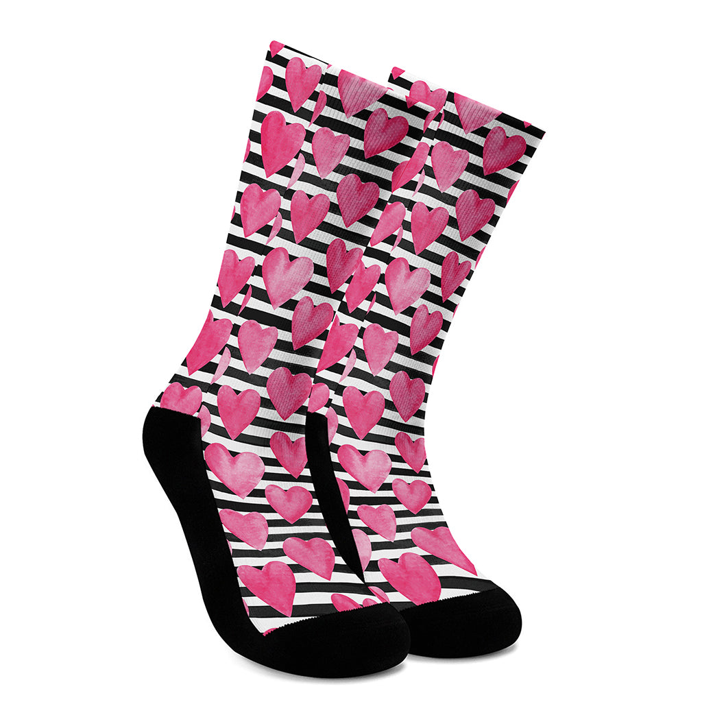 Black And White Striped Heart Print Crew Socks