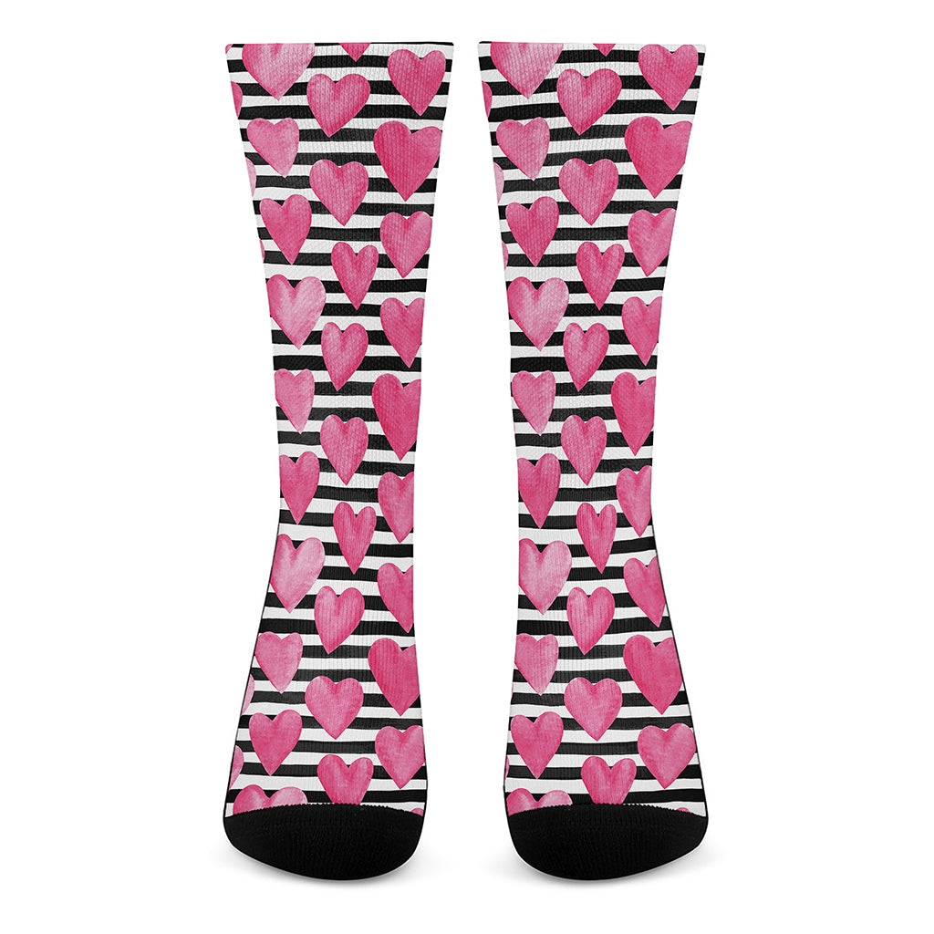 Black And White Striped Heart Print Crew Socks