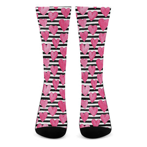 Black And White Striped Heart Print Crew Socks