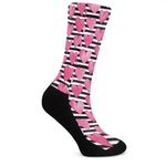 Black And White Striped Heart Print Crew Socks