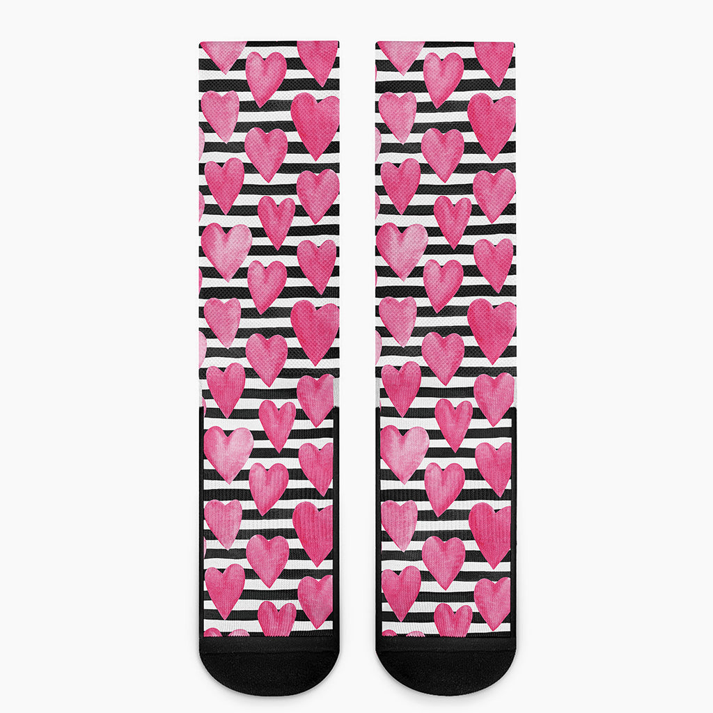 Black And White Striped Heart Print Crew Socks