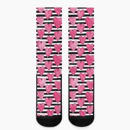 Black And White Striped Heart Print Crew Socks