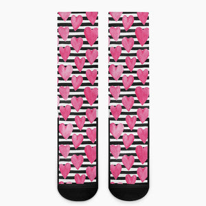 Black And White Striped Heart Print Crew Socks