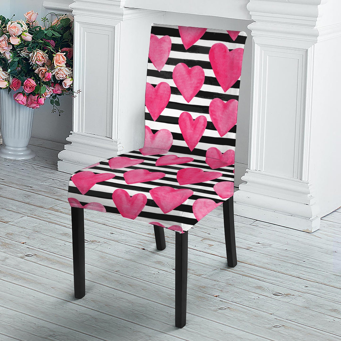 Black And White Striped Heart Print Dining Chair Slipcover