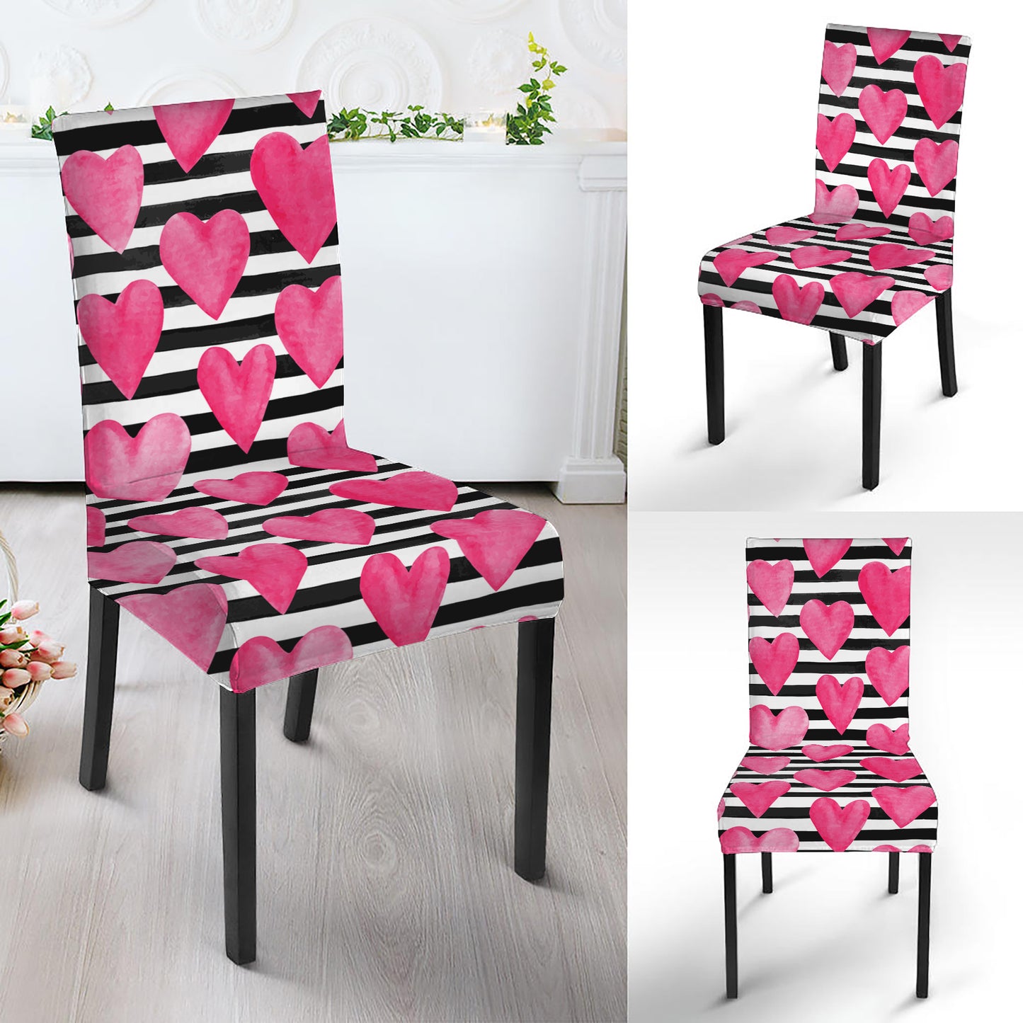 Black And White Striped Heart Print Dining Chair Slipcover