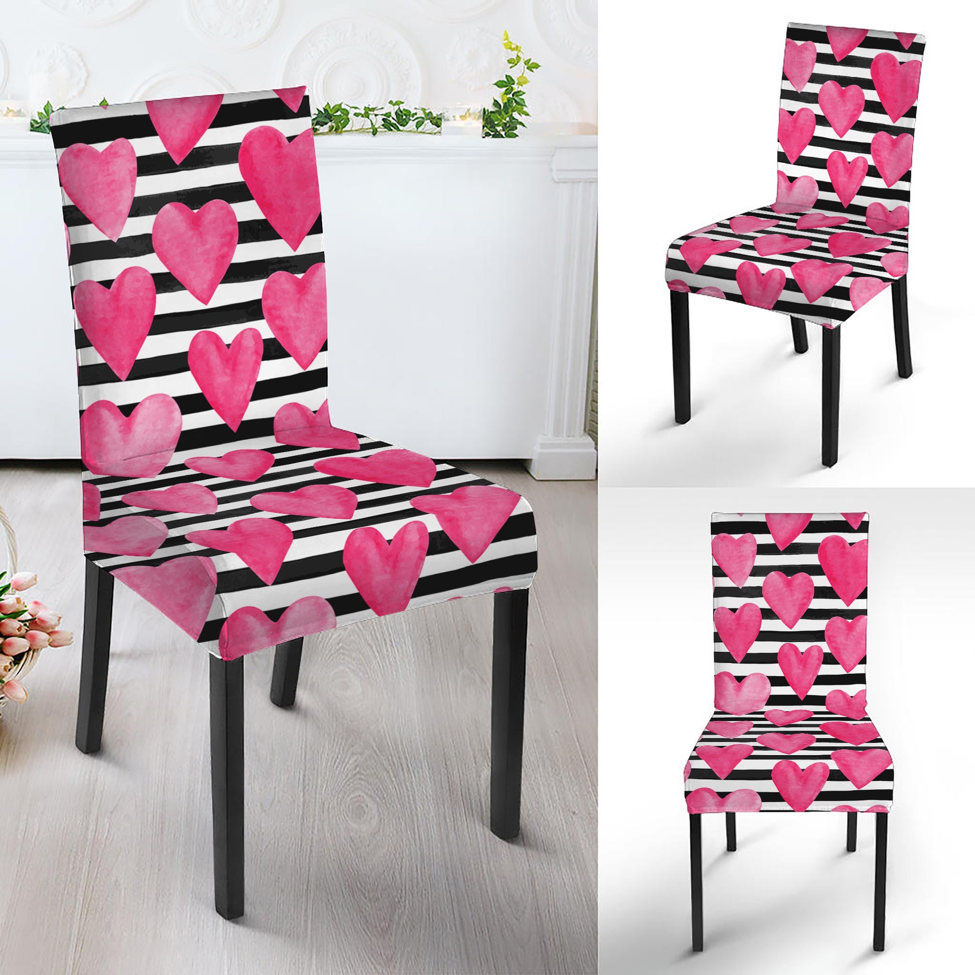 Black And White Striped Heart Print Dining Chair Slipcover