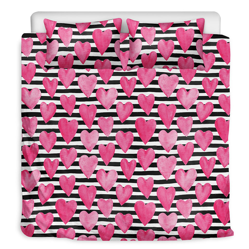 Black And White Striped Heart Print Duvet Cover Bedding Set
