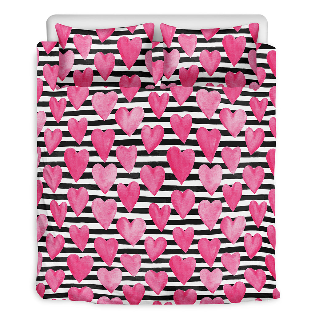 Black And White Striped Heart Print Duvet Cover Bedding Set