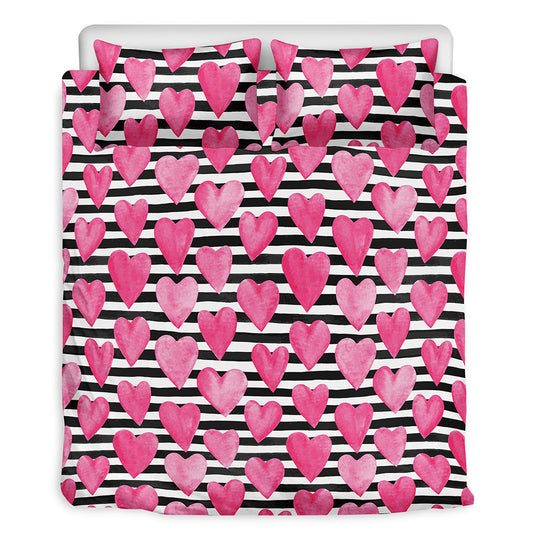 Black And White Striped Heart Print Duvet Cover Bedding Set
