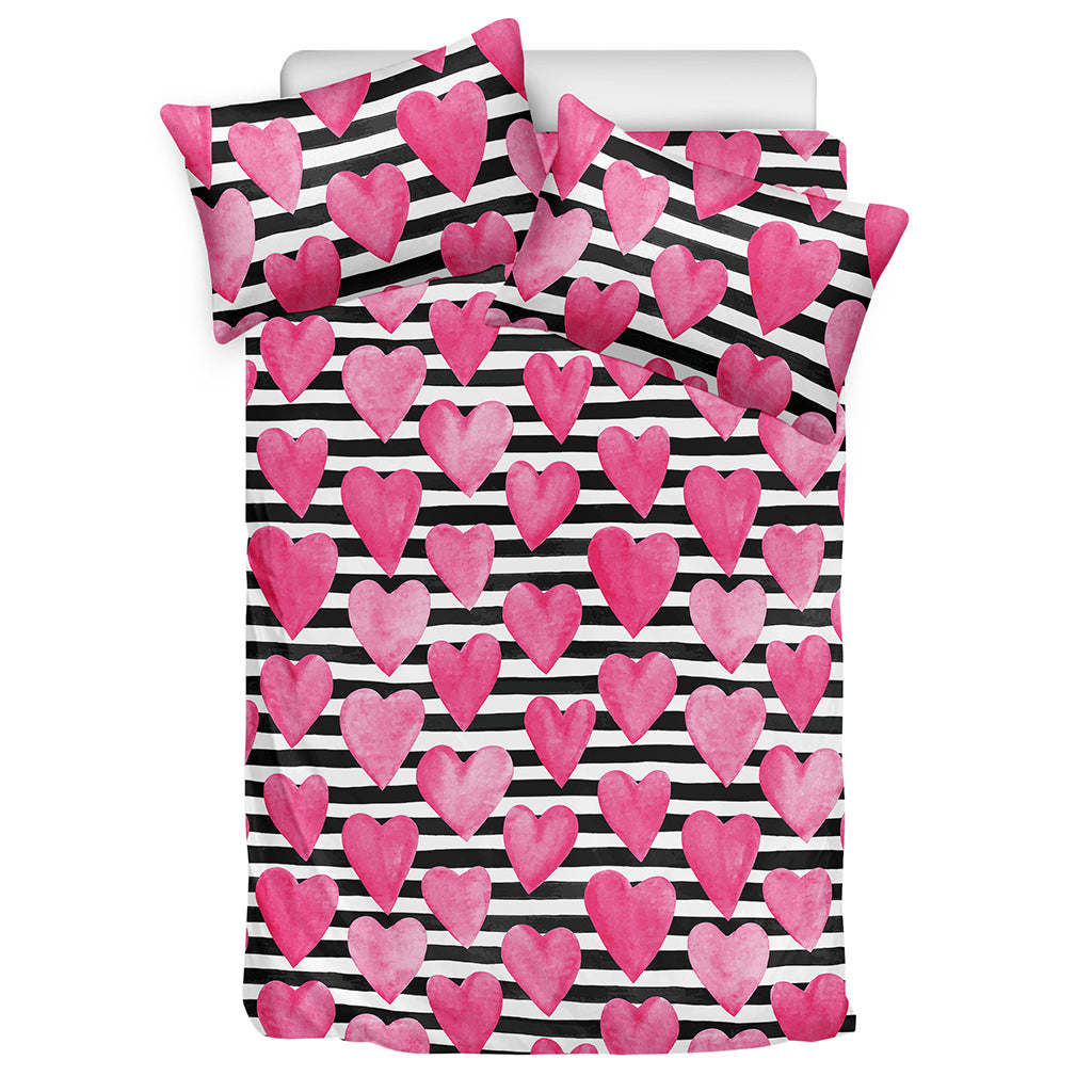 Black And White Striped Heart Print Duvet Cover Bedding Set