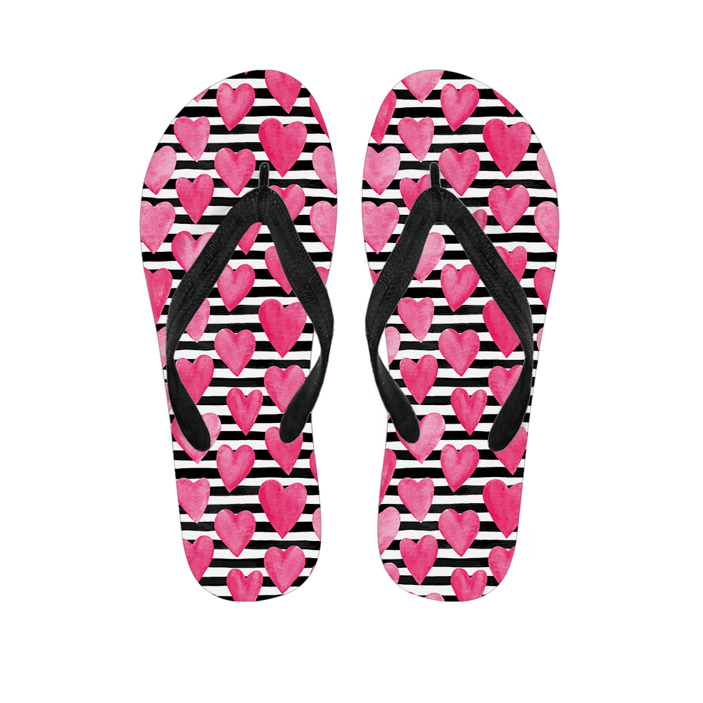 Black And White Striped Heart Print Flip Flops