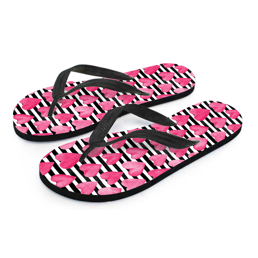 Black And White Striped Heart Print Flip Flops