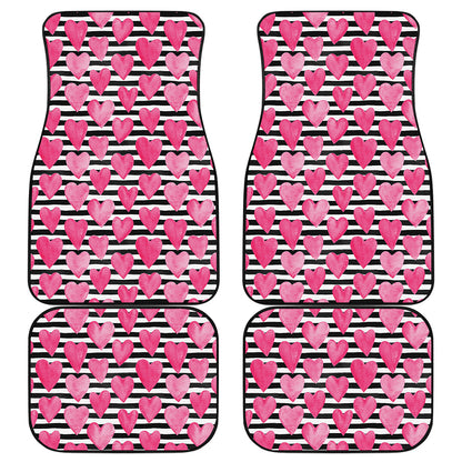 Black And White Striped Heart Print Front and Back Car Floor Mats