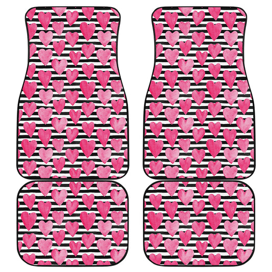 Black And White Striped Heart Print Front and Back Car Floor Mats