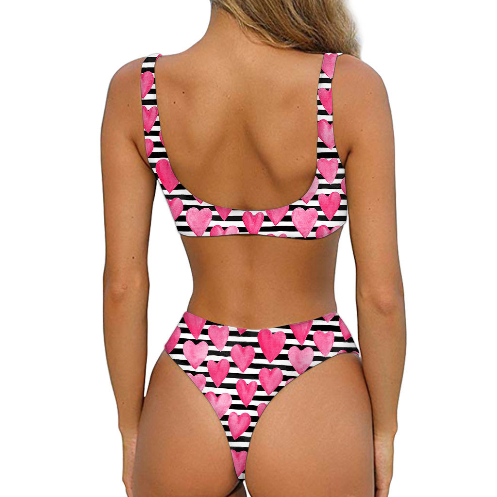 Black And White Striped Heart Print Front Bow Tie Bikini