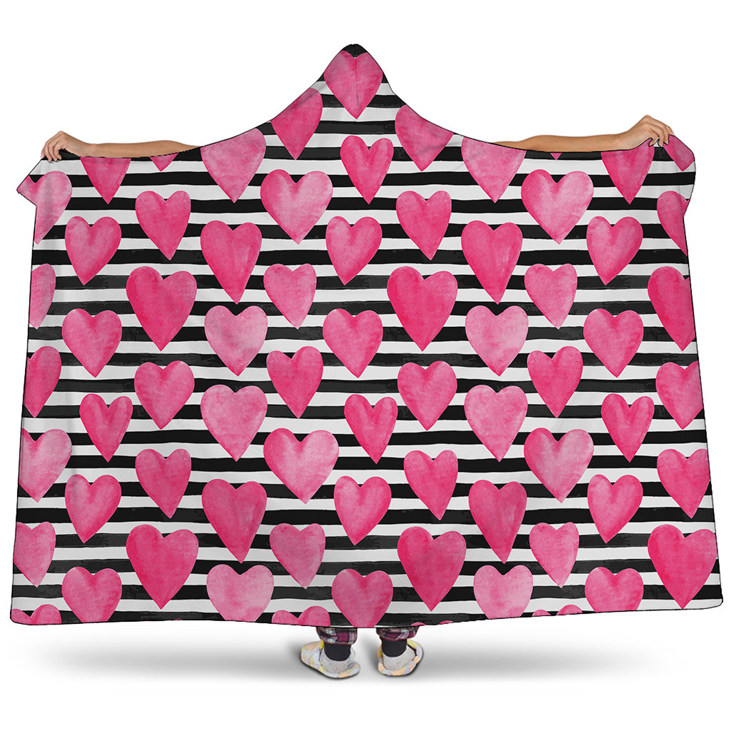 Black And White Striped Heart Print Hooded Blanket