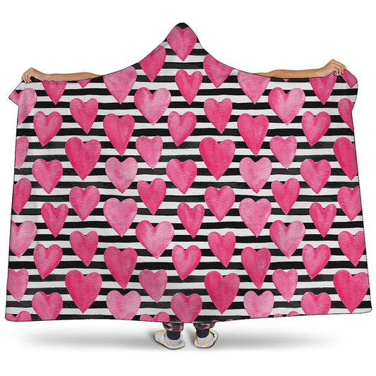 Black And White Striped Heart Print Hooded Blanket