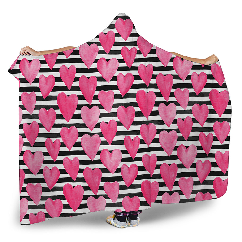 Black And White Striped Heart Print Hooded Blanket