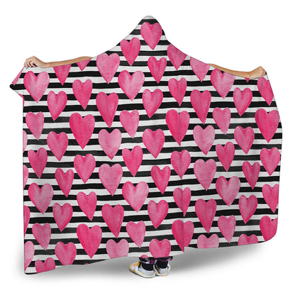 Black And White Striped Heart Print Hooded Blanket