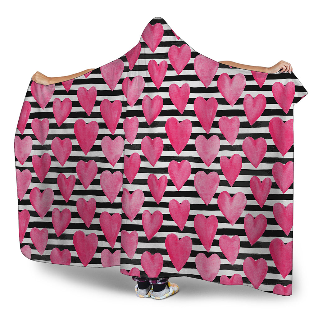 Black And White Striped Heart Print Hooded Blanket