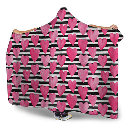 Black And White Striped Heart Print Hooded Blanket
