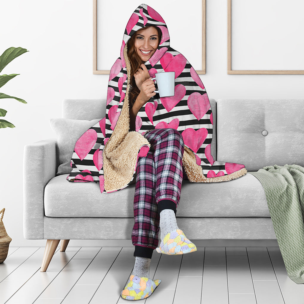 Black And White Striped Heart Print Hooded Blanket