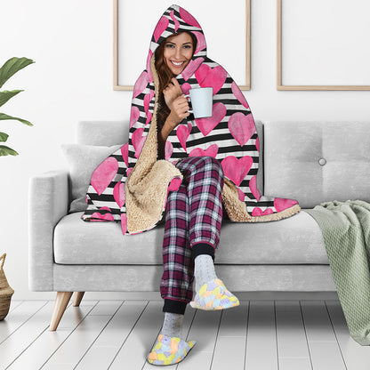 Black And White Striped Heart Print Hooded Blanket