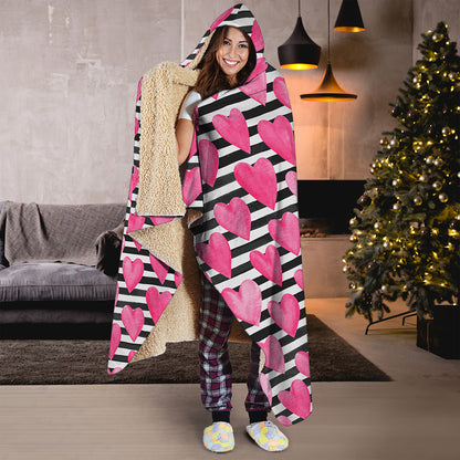 Black And White Striped Heart Print Hooded Blanket