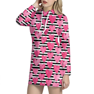 Black And White Striped Heart Print Hoodie Dress