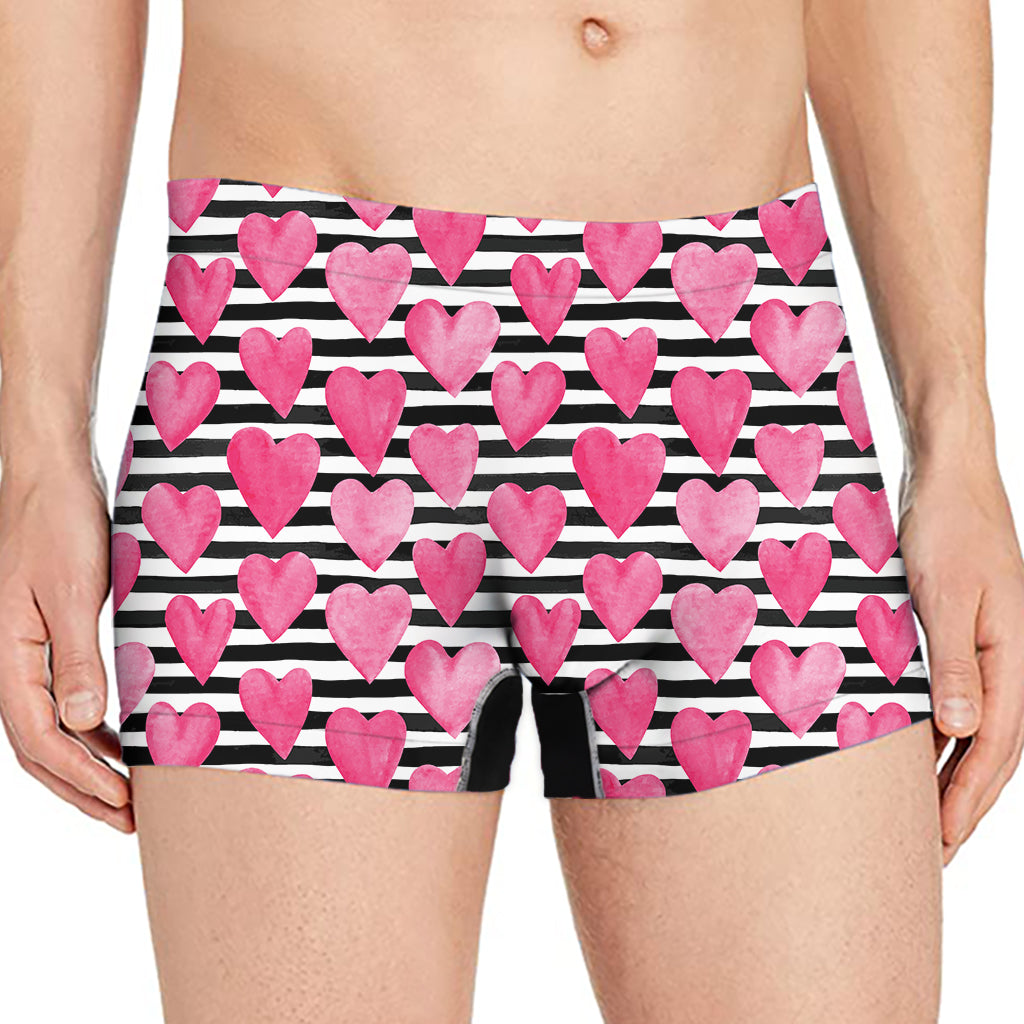 Black And White Striped Heart Print Men's Boxer Briefs