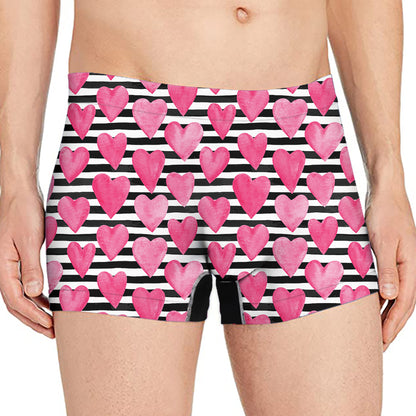 Black And White Striped Heart Print Men's Boxer Briefs