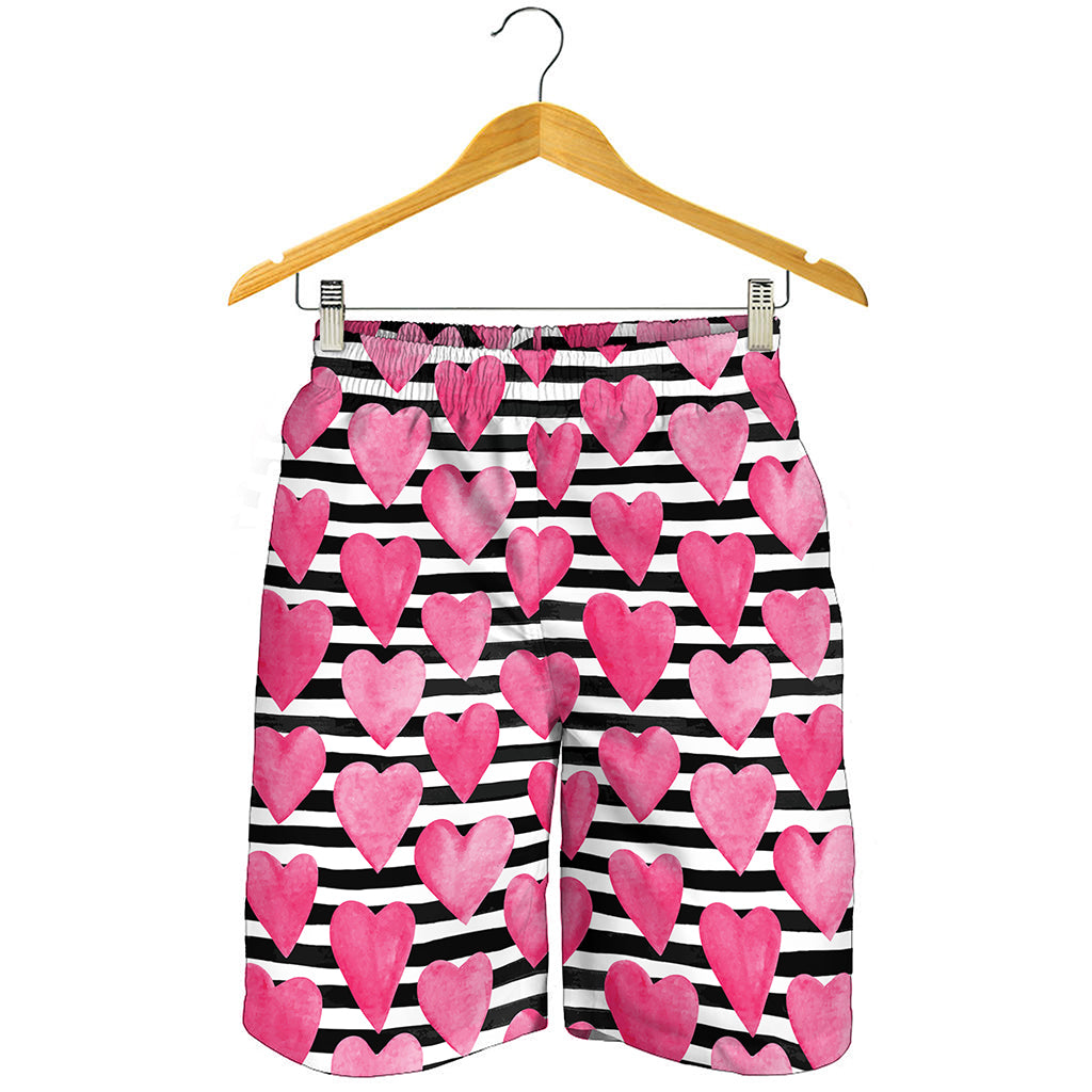 Black And White Striped Heart Print Men's Shorts