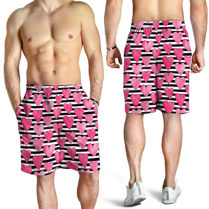 Black And White Striped Heart Print Men's Shorts