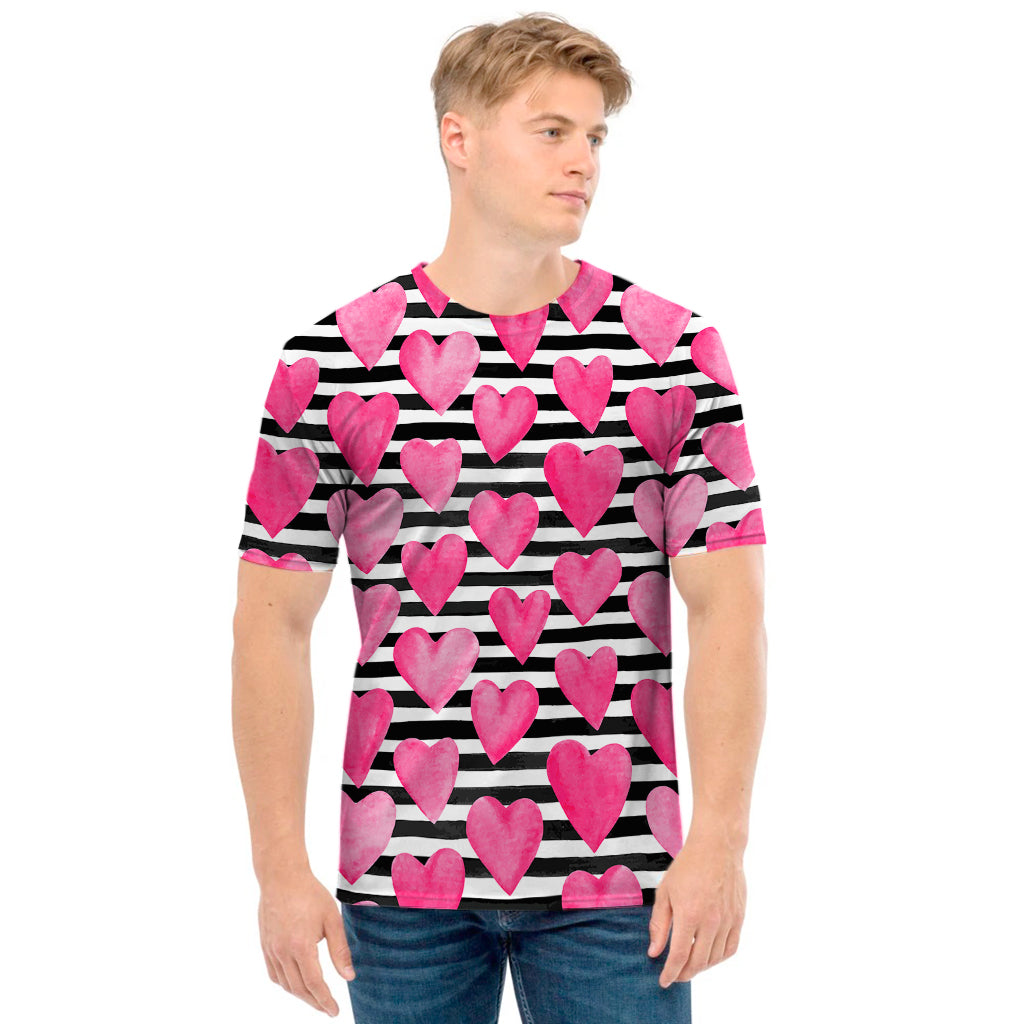 Black And White Striped Heart Print Men's T-Shirt