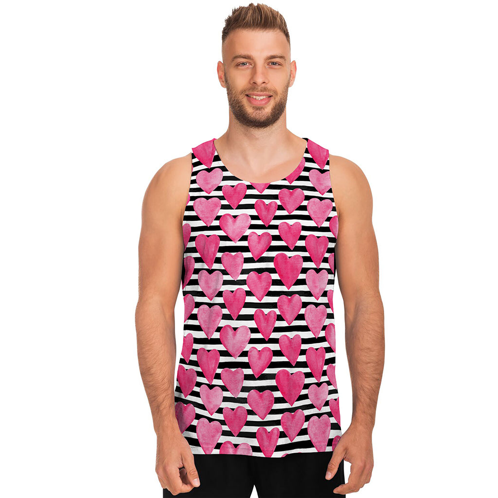 Black And White Striped Heart Print Men's Tank Top