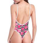 Black And White Striped Heart Print One Piece High Cut Swimsuit